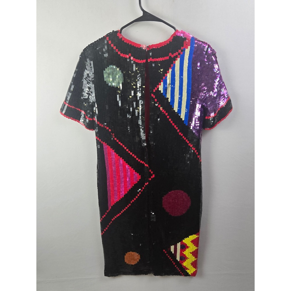 Jeet Saks Fifth Ave Vintage 80s 100% Silk Sequin Geometric Cocktail Dress Sz 10